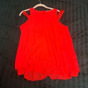 Sioni Red Cold-Shoulder Embellished Sleeveless Blouse